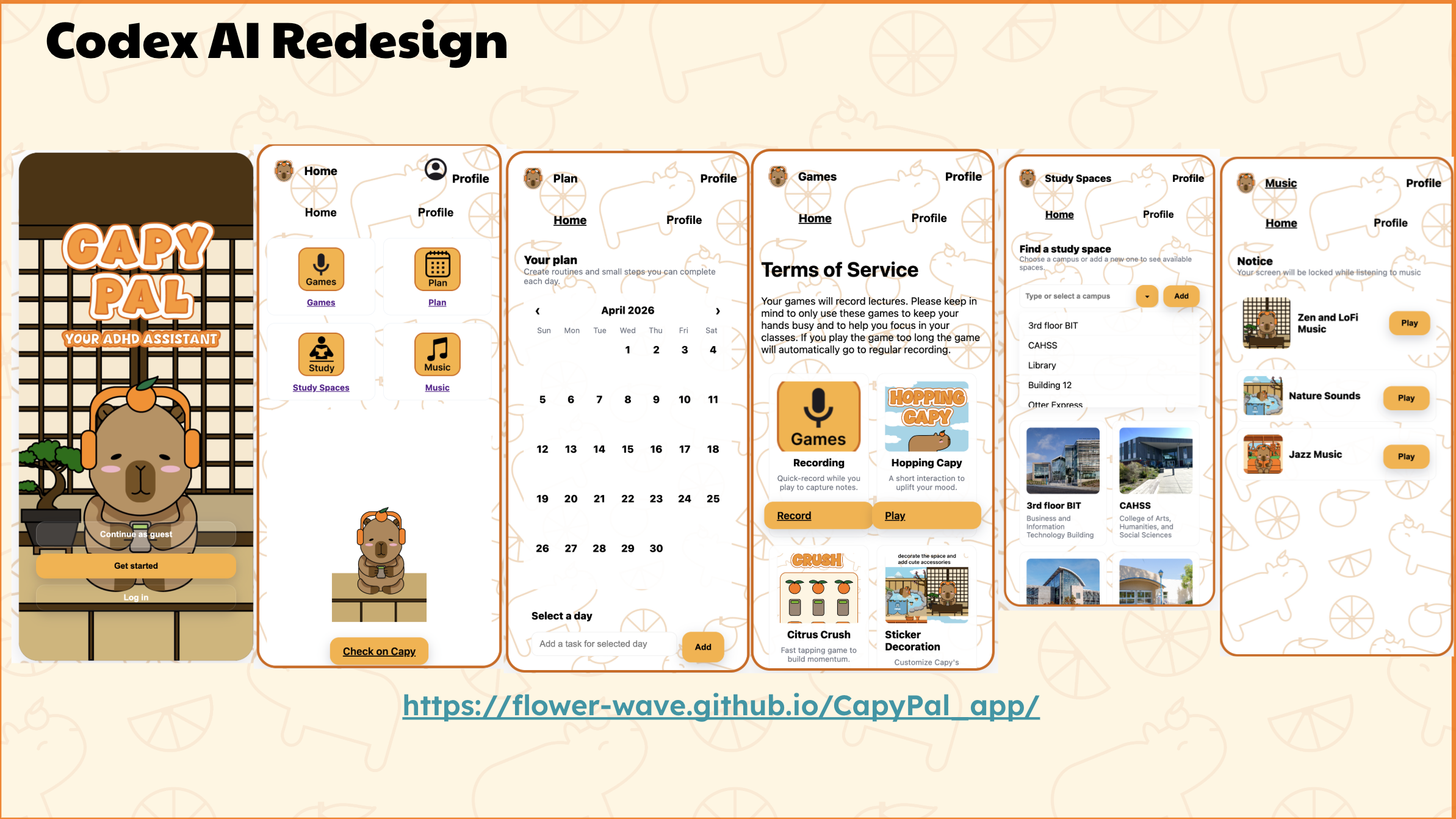 CapyPal Codex AI redesign screens