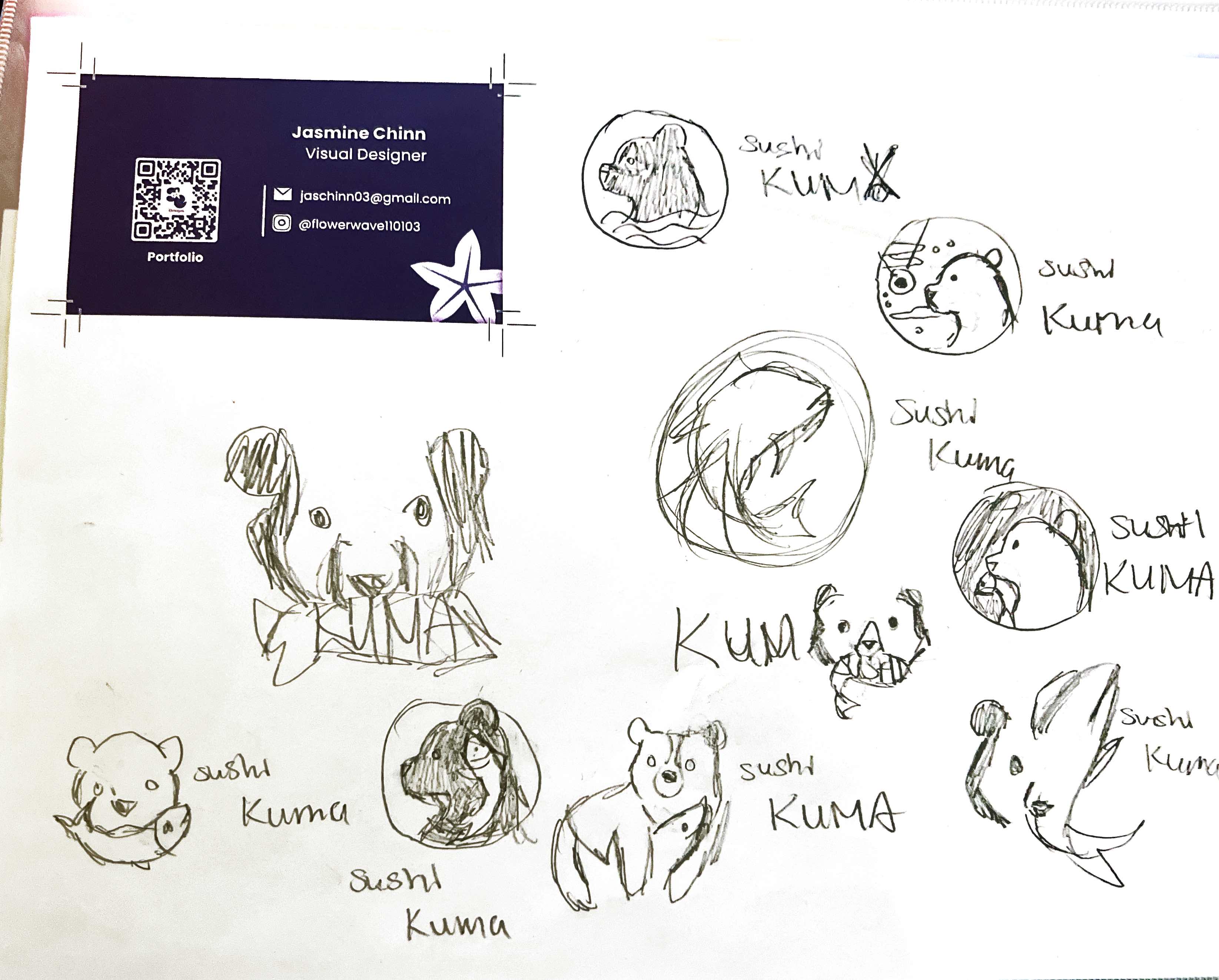Sushi Kuma hand-drawn logo sketches