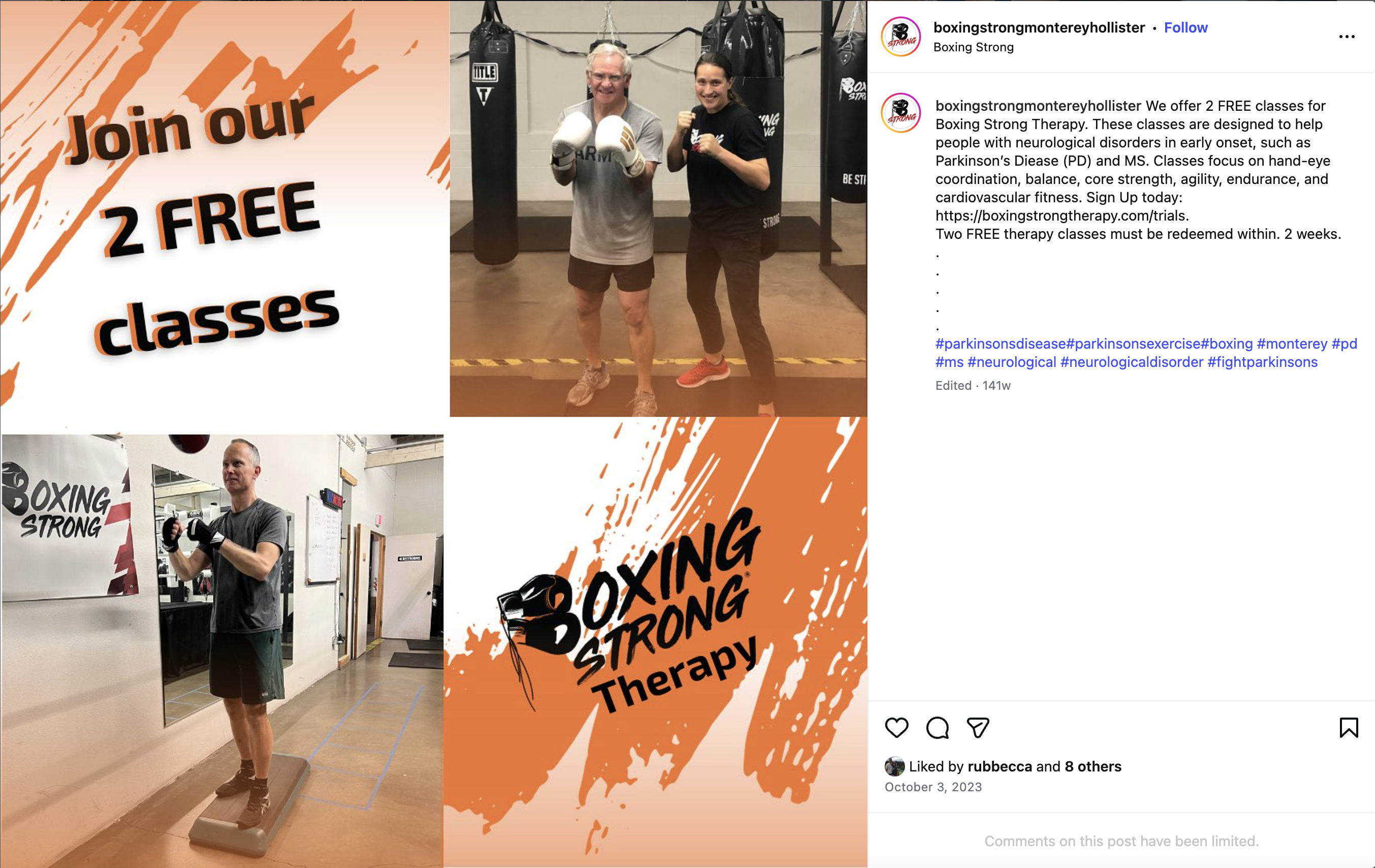 Boxing Strong Parkinson's social media post