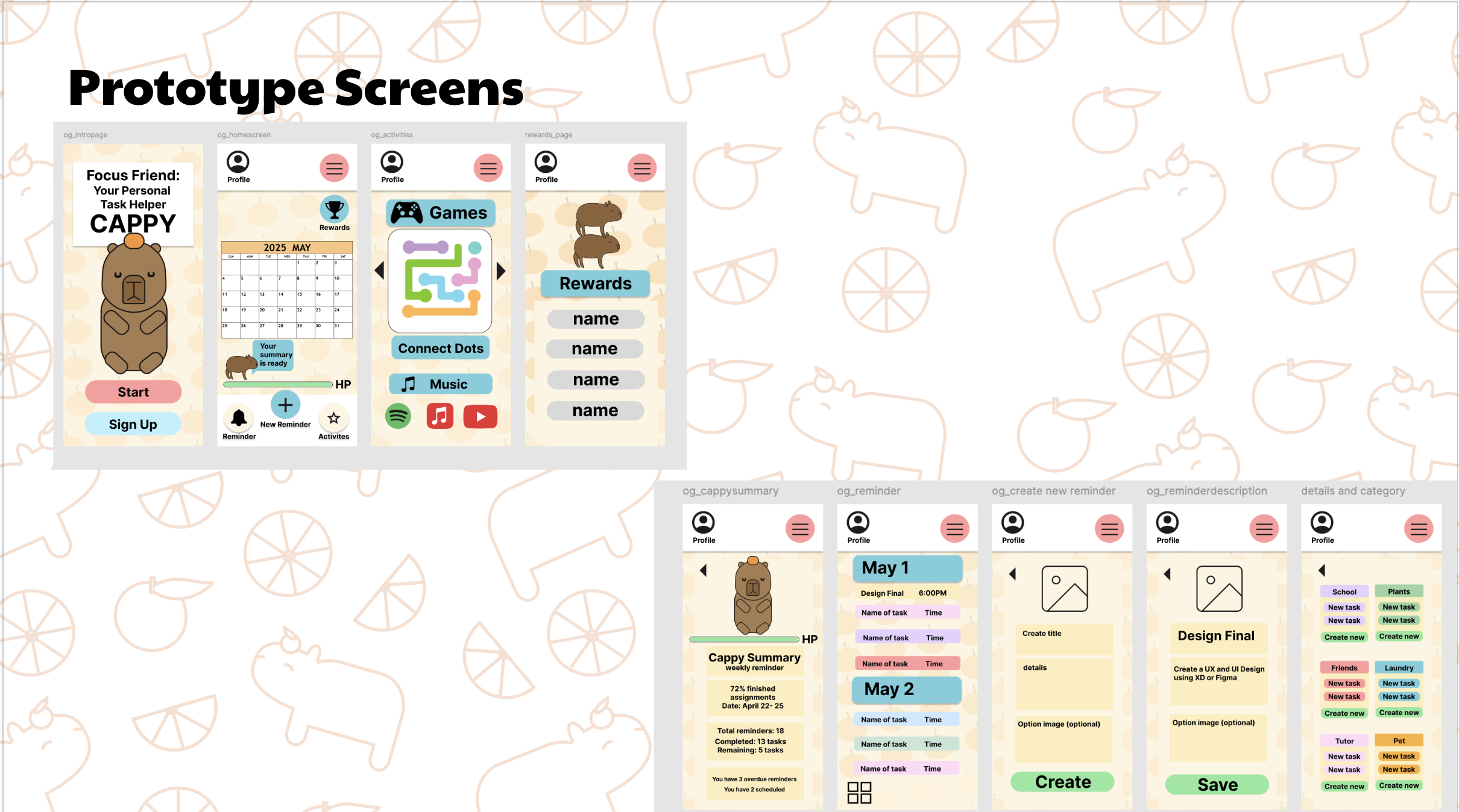 CapyPal prototype screens