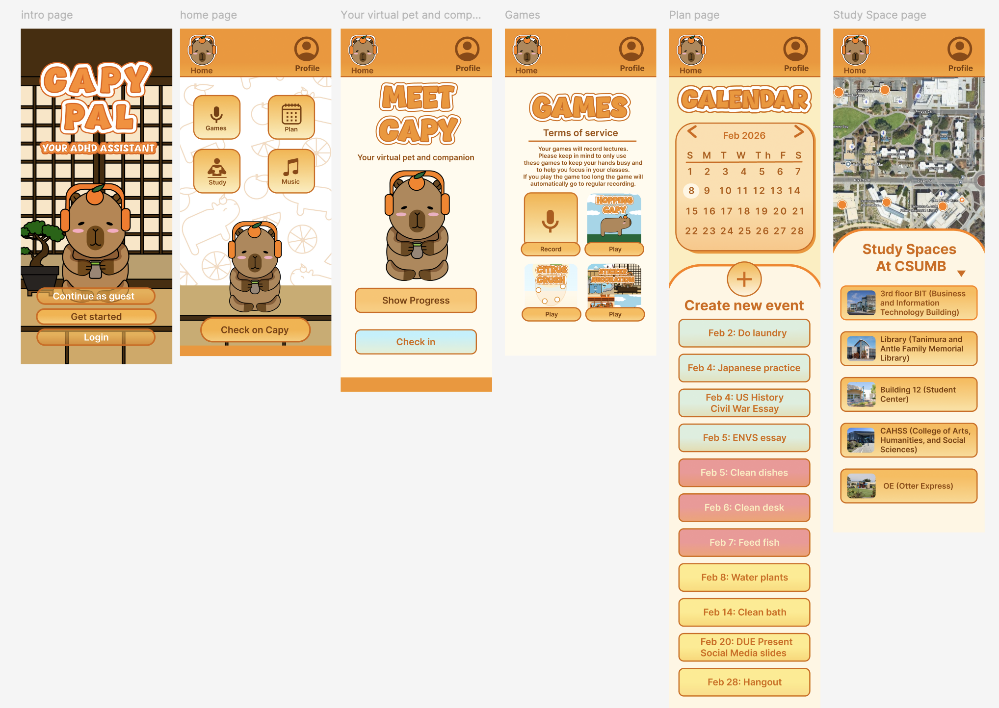 Final Figma CapyPal design after user testing